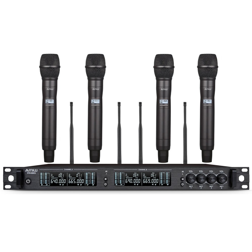 AMW AU7000 Microfone Sem Fio Profissional 4 Canais Digital UHF Multibanda
