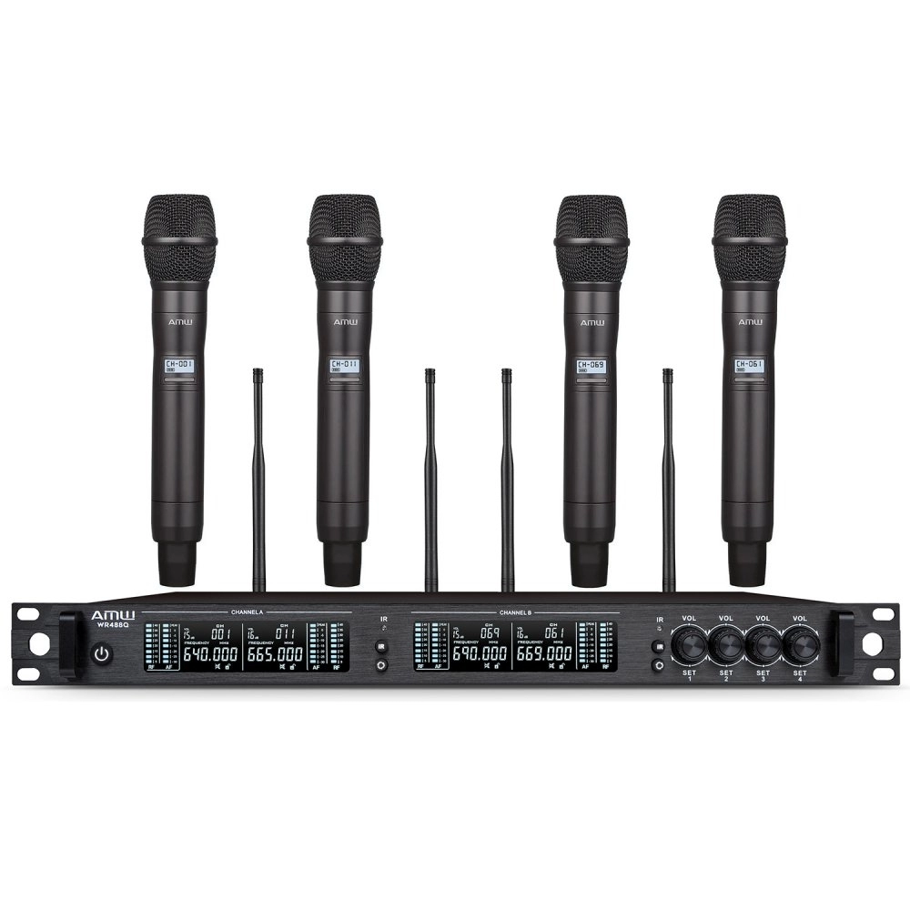 AMW AU7000 Microfone Sem Fio Profissional 4 Canais Digital UHF Multibanda