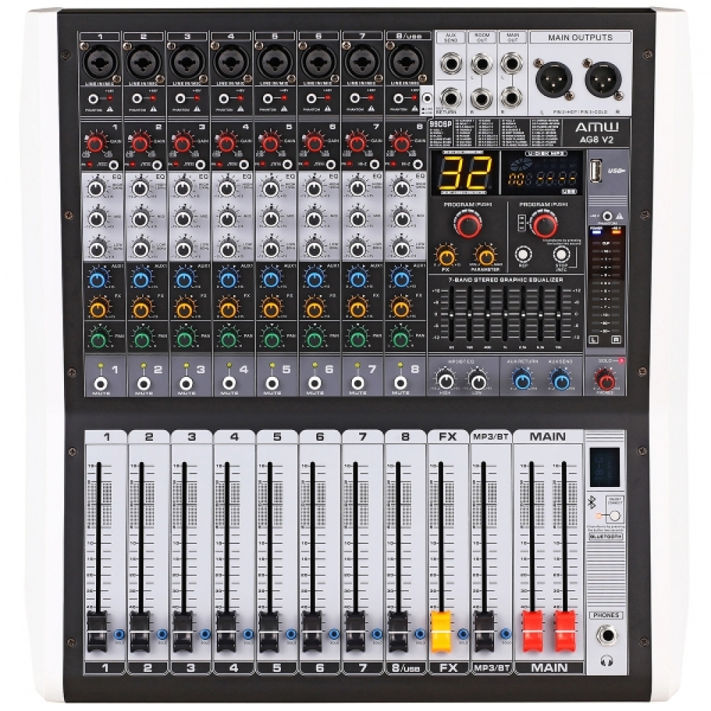 (USADO) AMW AG8 v2 Mesa de Som 8 Canais 99 Efeitos DSP BT Interface USB e Faders de 100mm