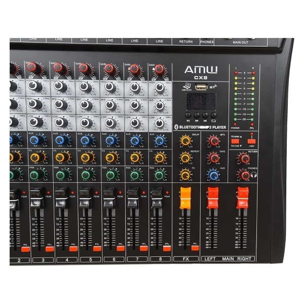 (USADO) AMW CX8 v3 Mesa de Som 8 canais USB BT EFX PFL Eq 3 Bandas