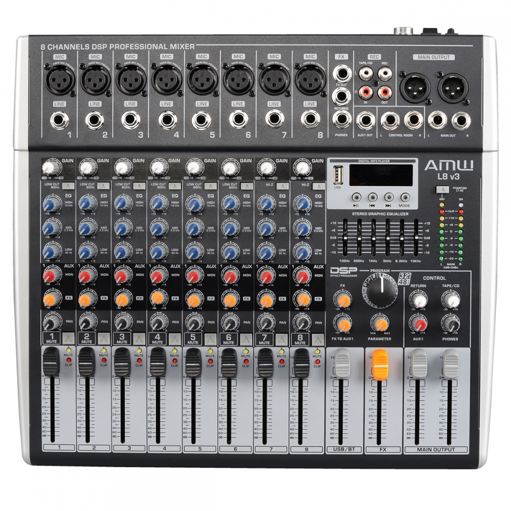 AMW L8 v3 Mesa de Som 8 Canais XLR Efx Bt Rec Mp3 Eq