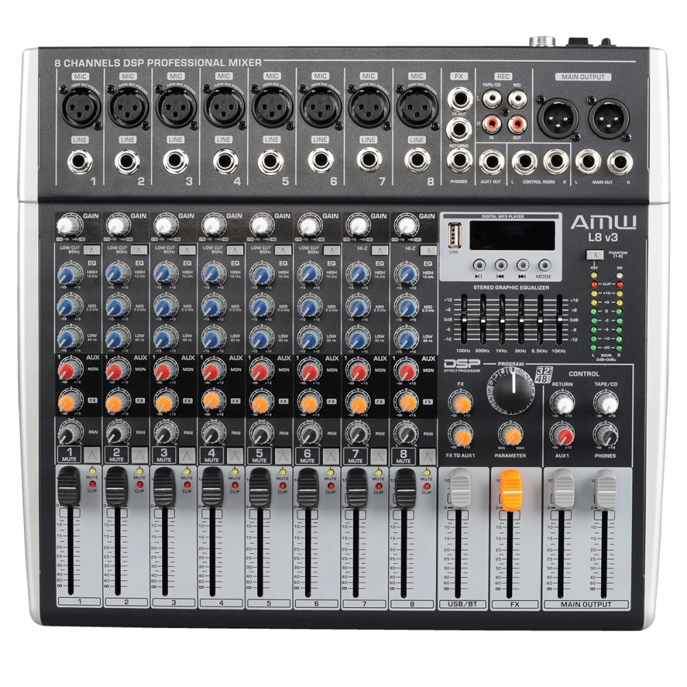 AMW L8 v3 Mesa de Som 8 Canais XLR Efx Rec Mp3 Eq