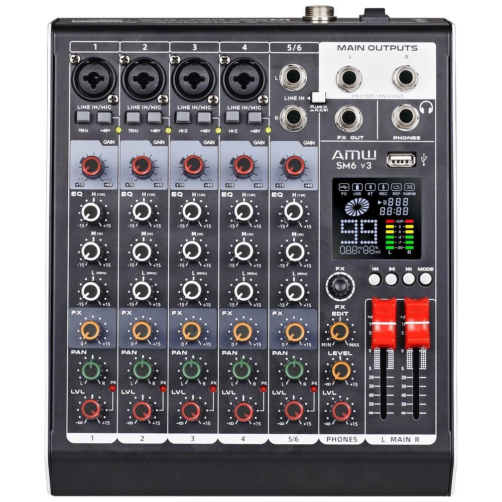 AMW SM6 v3 Mesa de Som 6 Canais 99 Efeitos DSP Interface USB