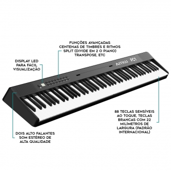 AMW PC1 Black Piano Digital Dobrável 128 Timbres + Acessórios