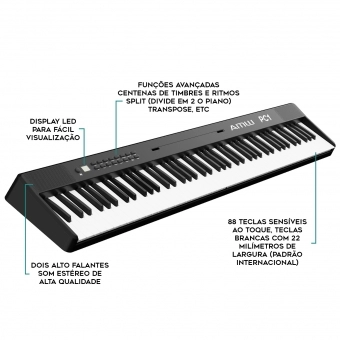 AMW PC1 Black Piano Digital Dobrável 128 Timbres + Acessórios