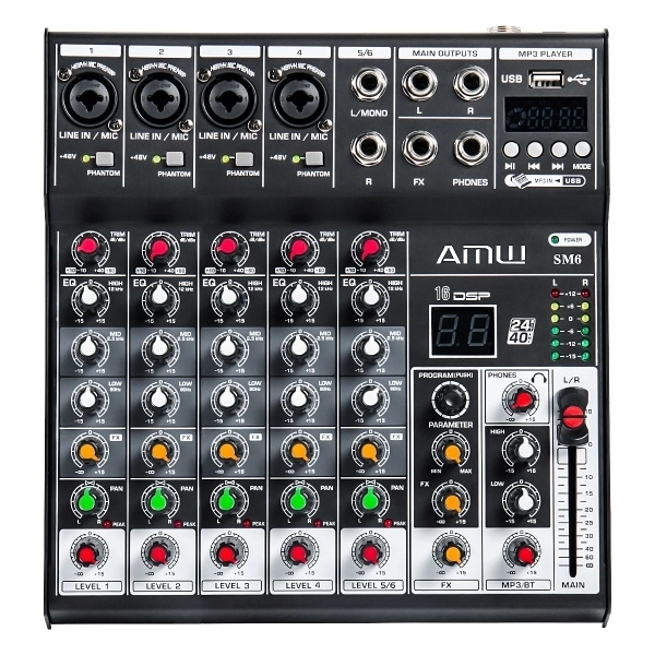 (USADO) AMW SM6 v2 Mesa de Som 6 Canais com Efeitos DSP BT e USB