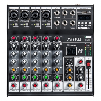 (USADO) AMW SM6 v2 Mesa de Som 6 Canais com Efeitos DSP BT e USB