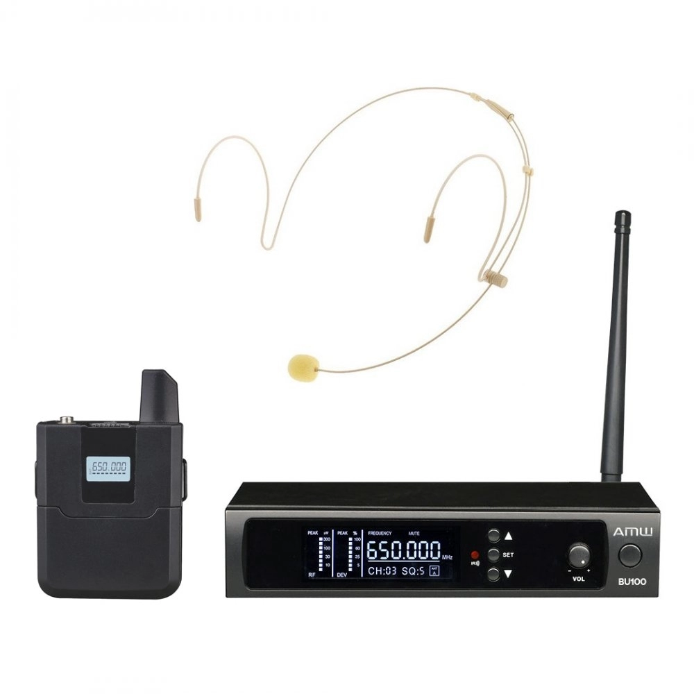 AMW BU100 Auricular Sistema Transmissão sem fio UHF Digital Microfone Auricular Bege P2