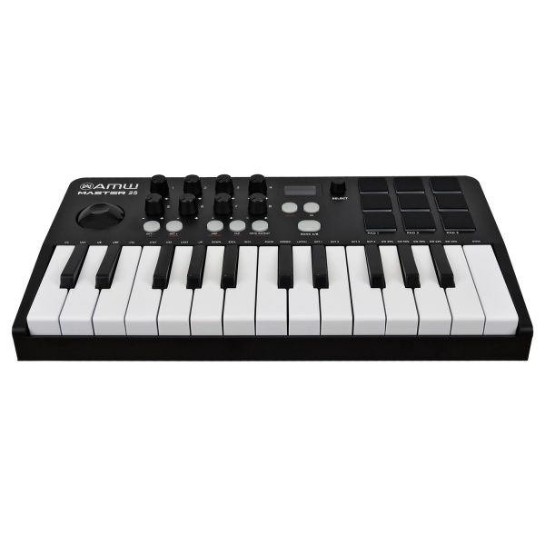 AMW Master 25 Black Teclado Controlador Midi 9 PADs 8 Knobs Visor OLED