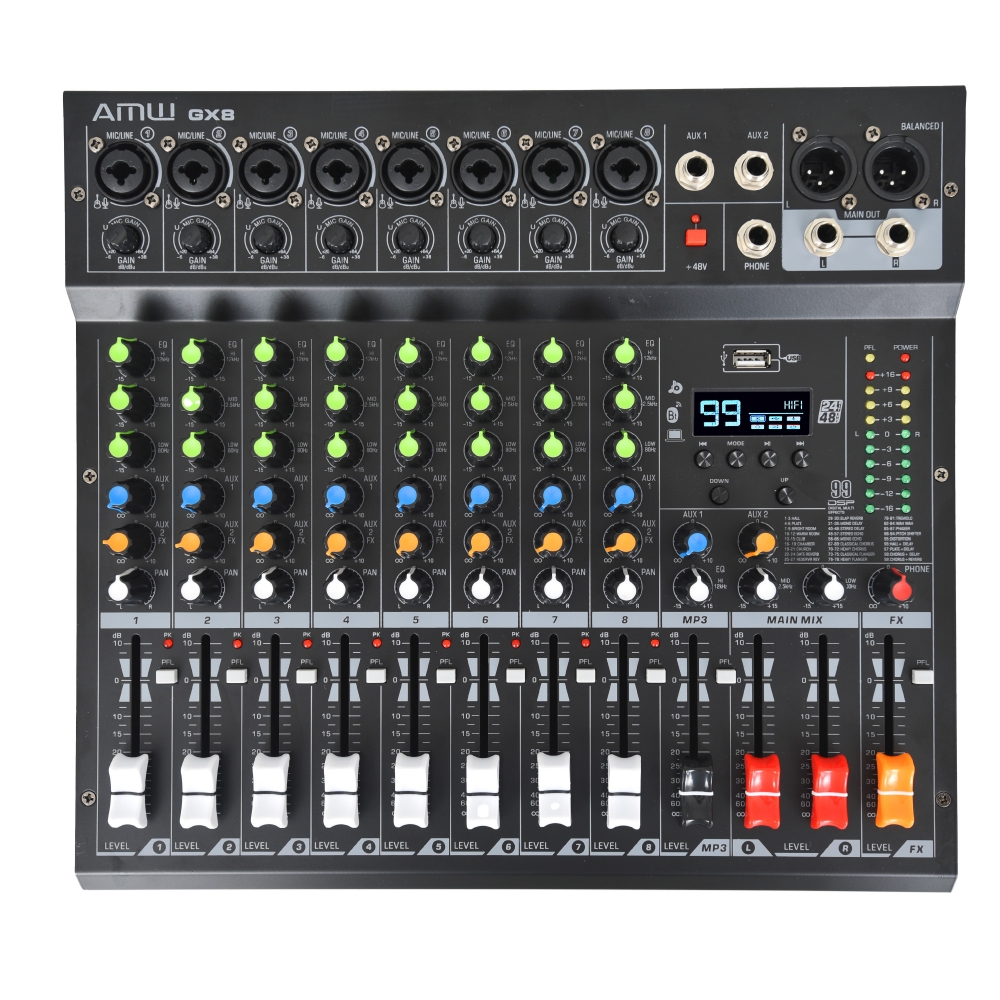 AMW GX8 Pro Mesa de som 8 Canais 99 EFX DSP Interface USB Rec Aux