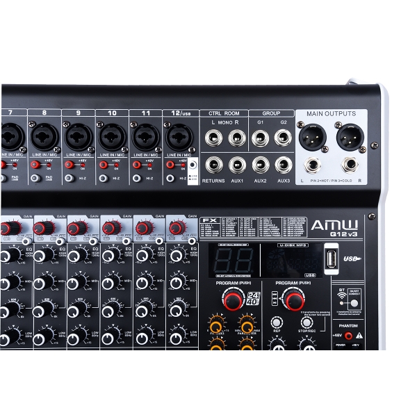 AMW Q12 v3 Mesa de Som 12 Canais Combo 99 Efx Dsp 2 Aux Hi-Z Interface USB Eq BT