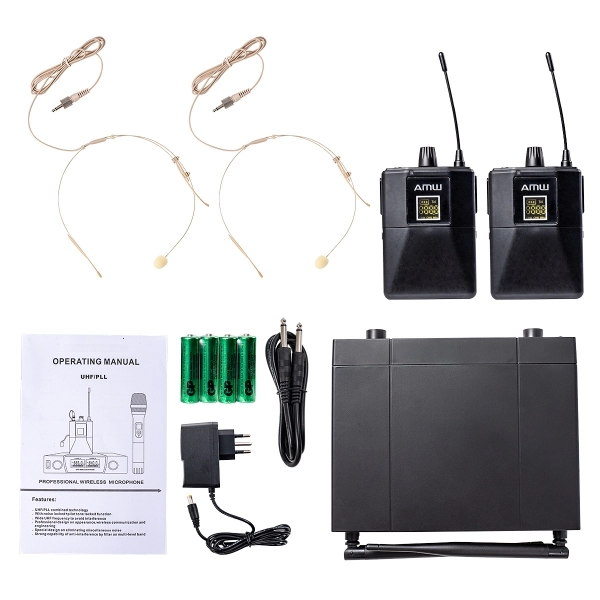 AMW BU200 Kit Microfone Sem Fio Duplo Bodypack Auricular UHF Digital 2B 2A