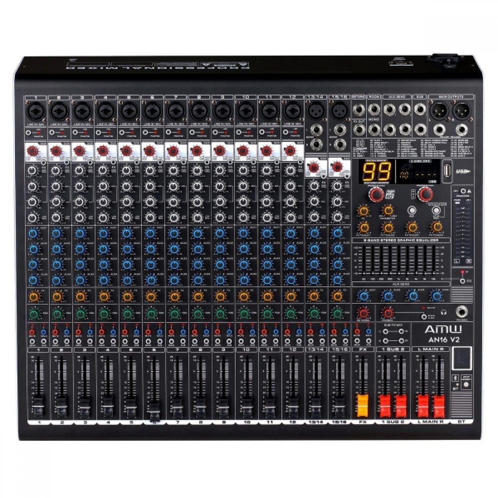 (USADO) AMW AN16 v3 Mesa de Som 16 Canais com 4 saídas Auxiliares DSP 99 EFX BT Interface