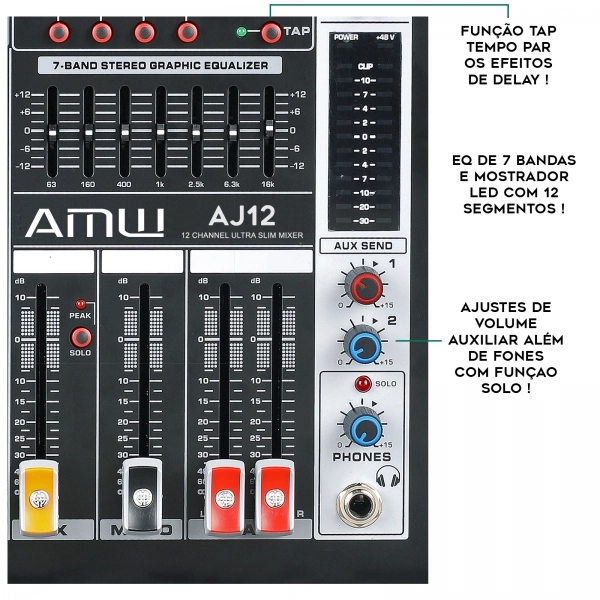 AMW AJ12 Mesa de som 12 Canais EFX High End BT Interface USB