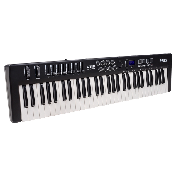 AMW P61X Teclado Black Controlador Midi USB com 61 Teclas PADs Faders e Knobs