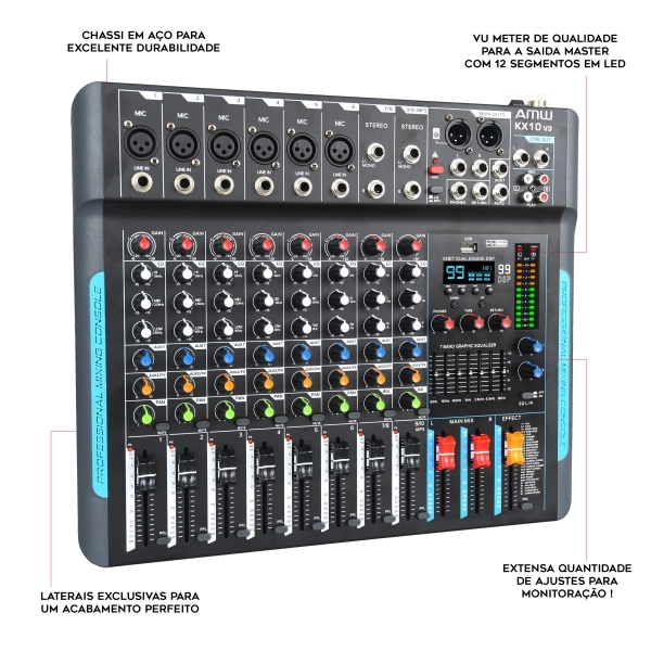 AMW KX10 v3 Mesa de som 10 Canais 99 Efeitos Efx Mute Aux Eq