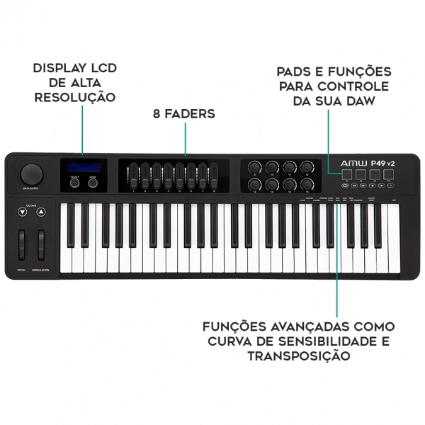 AMW P49 v2 Teclado Controlador MIDI USB 49 Teclas 8 Faders 8 Knobs