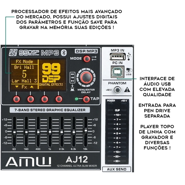 AMW AJ12 Mesa de som 12 Canais EFX High End BT Interface USB