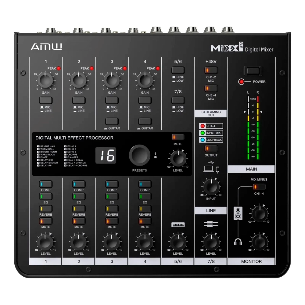 AMW MIXX 8.6 Mesa de Som Digital 8 Canais USB EFX Comp Eq