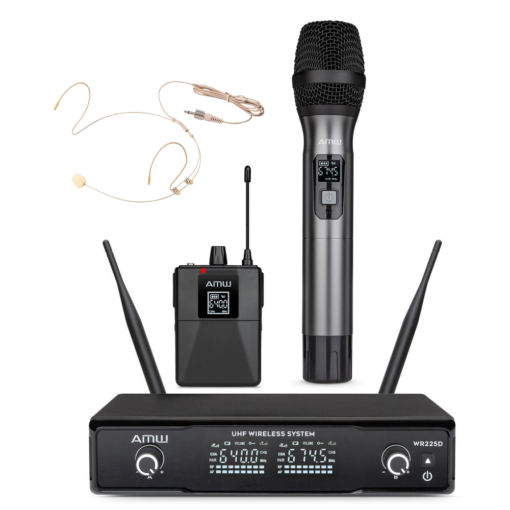 AMW BM200 Microfone Sem Fio de Mão + Bodypack + Auricular 225 1M 1B 1A