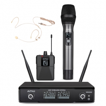AMW BM200 Microfone Sem Fio de Mão + Bodypack + Auricular 225 1M 1B 1A