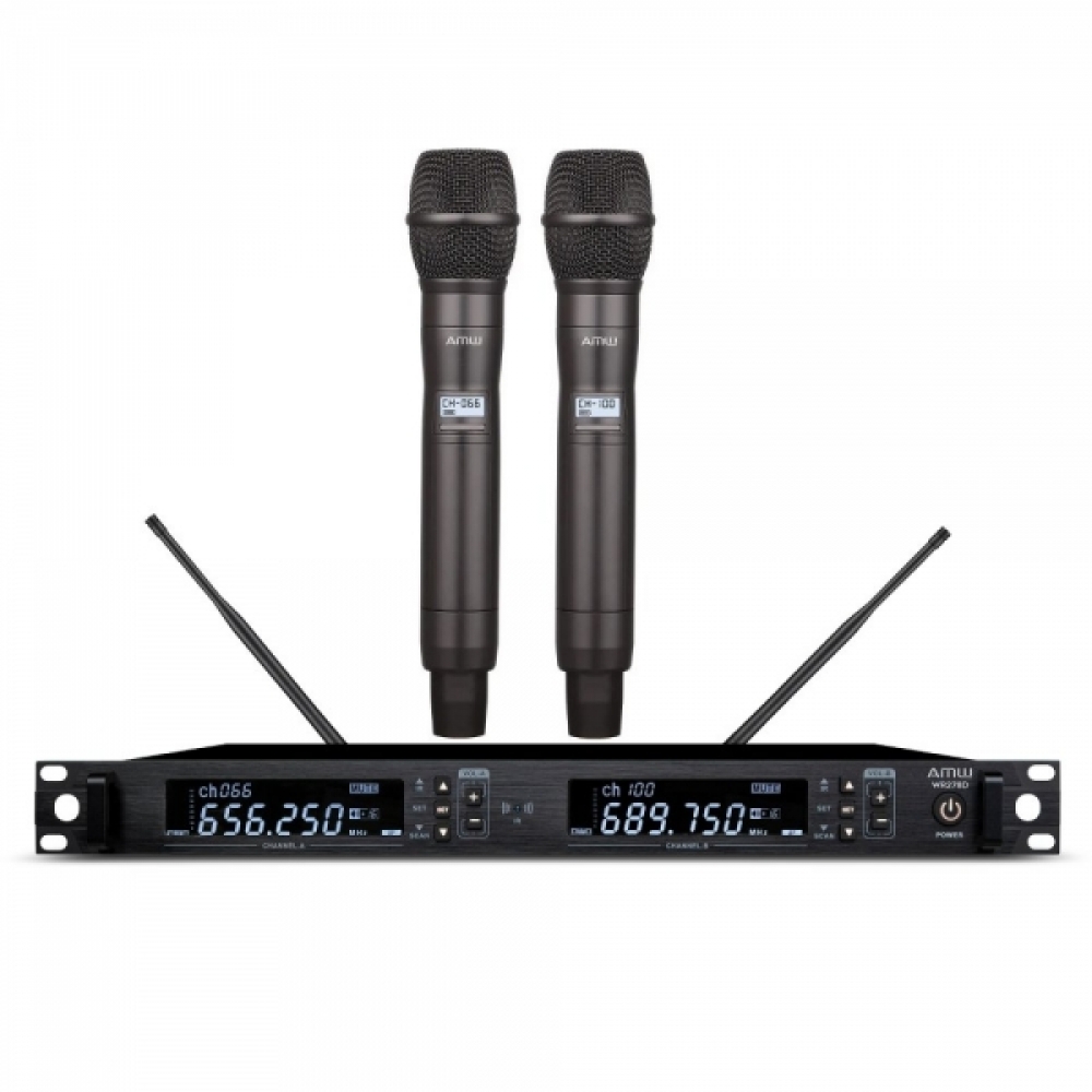(USADO) AMW AU500 v2 Microfone sem fio Duplo Digital Multibanda UHF Rack + Estojo 1R 2M