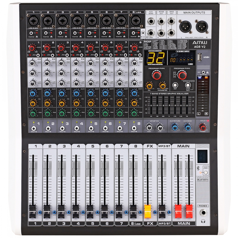 AMW AG8 v2 Mesa de Som 8 Canais 99 Efeitos DSP BT Interface USB e Faders de 100mm