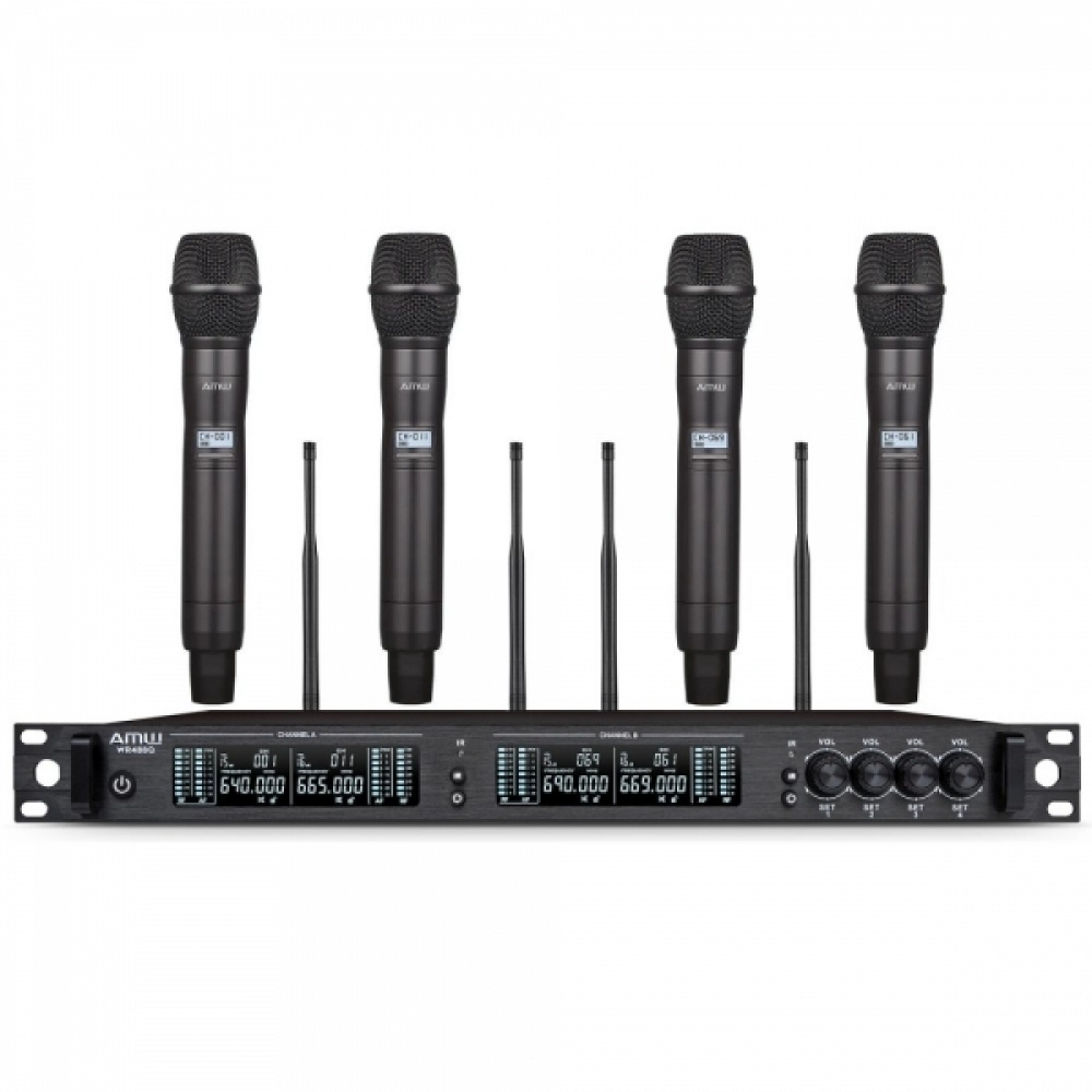 (USADO) AMW AU7000 Microfone Sem Fio Profissional 4 Canais Digital UHF Multibanda WR488Q