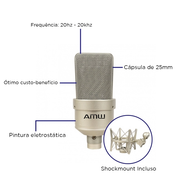 Amw EC1 Microfone Condensador XLR 26mm Para Estúdio com Shockmount