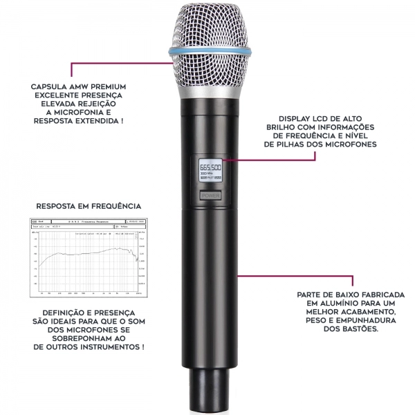 AMW AU4000 v3 Microfone Sem Fio 4 Canais UHF Digital + Case