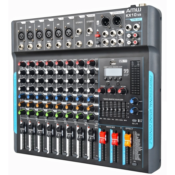 AMW KX10 v3 Mesa de som 10 Canais 99 Efeitos Efx Mute Aux Eq