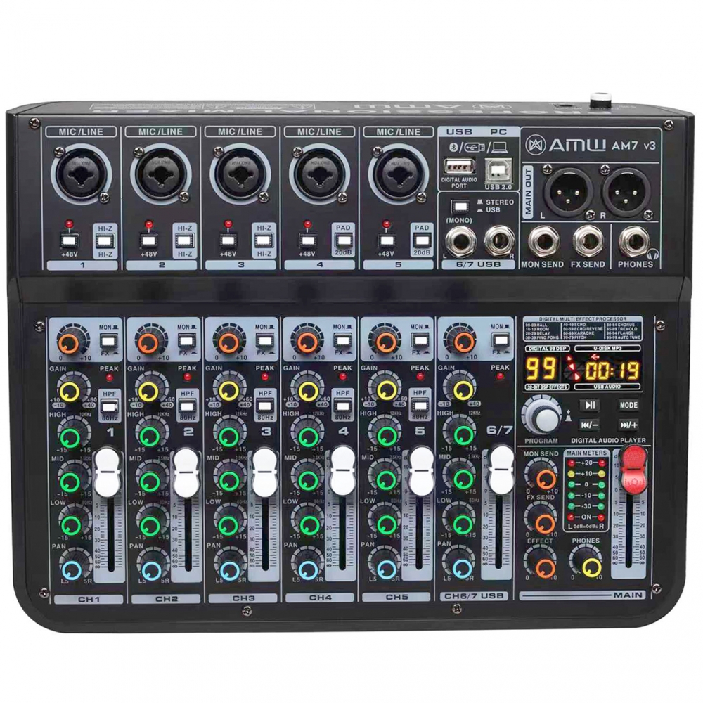 AMW AM7 v2 Mesa de Som 7 Canais 5 XLR Mp3 Efx Bt Interface de áudio USB