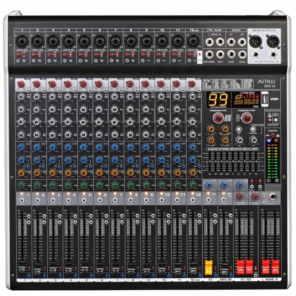 (USADO) AMW Q12 v3 Mesa de Som 12 Canais Combo 99 Efx Dsp 2 Aux Hi-Z Interface USB Eq BT