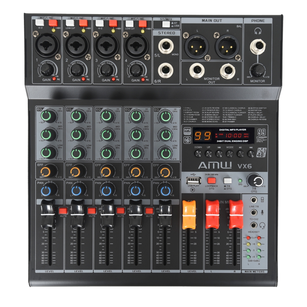 AMW VX6 Mesa de Som 6 Canais 99 EFX Interface USB OTG LoopBack