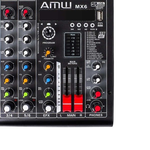 (USADO) AMW MX6 v2 Mesa de Som 6 Canais 4 XLR Bluetooth EFX Bluetooth Interface USB