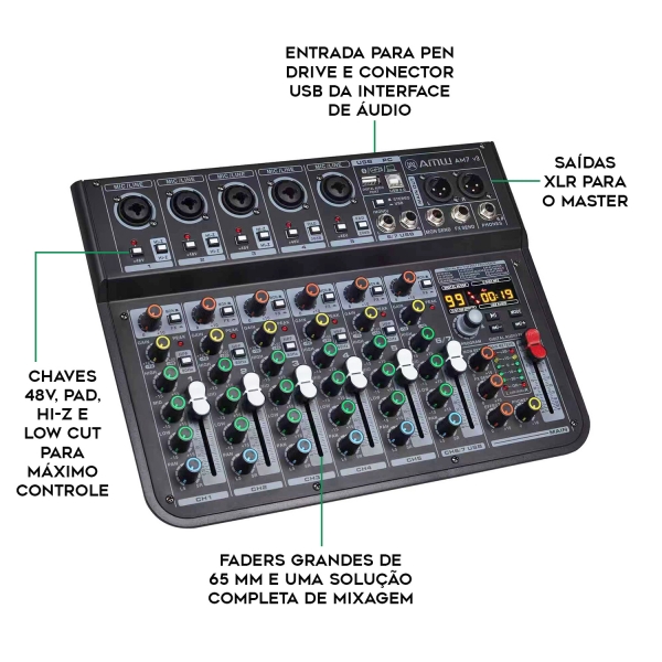 AMW AM7 v2 Mesa de Som 7 Canais 5 XLR Mp3 Efx Bt Interface de áudio USB