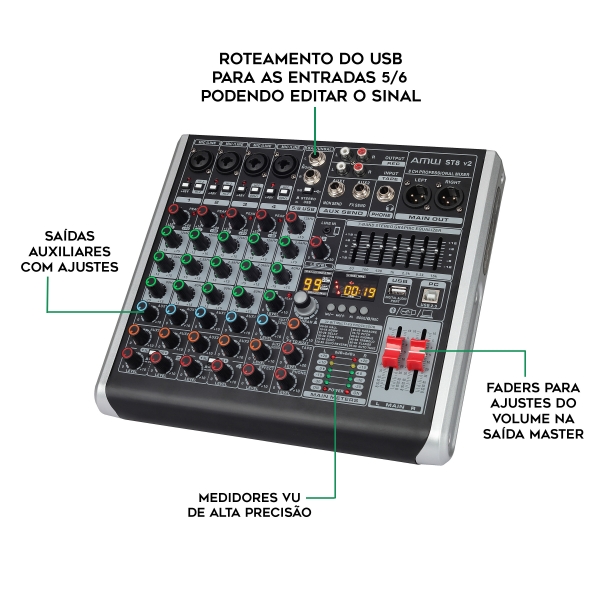 AMW ST8 Mesa de Som 8 Canais 99 Efx Interface de Áudio USB !