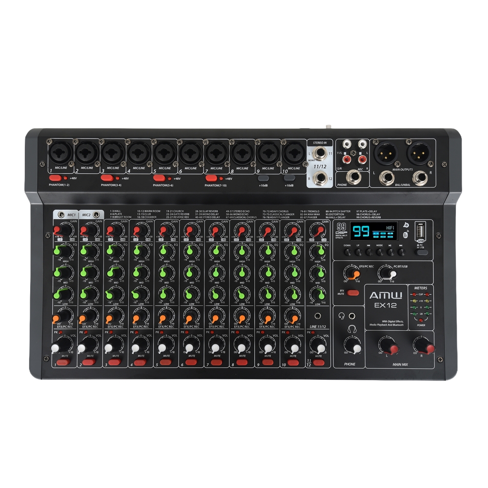 AMW EX12 Mesa de Som Profissional 12 Canais 99 EFX BT Interface USB