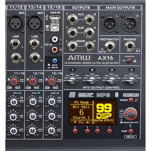 AMW AX16 v2 Mesa de Som 16 Canais Processador de Efeitos Hi End USB Compressor 100mm