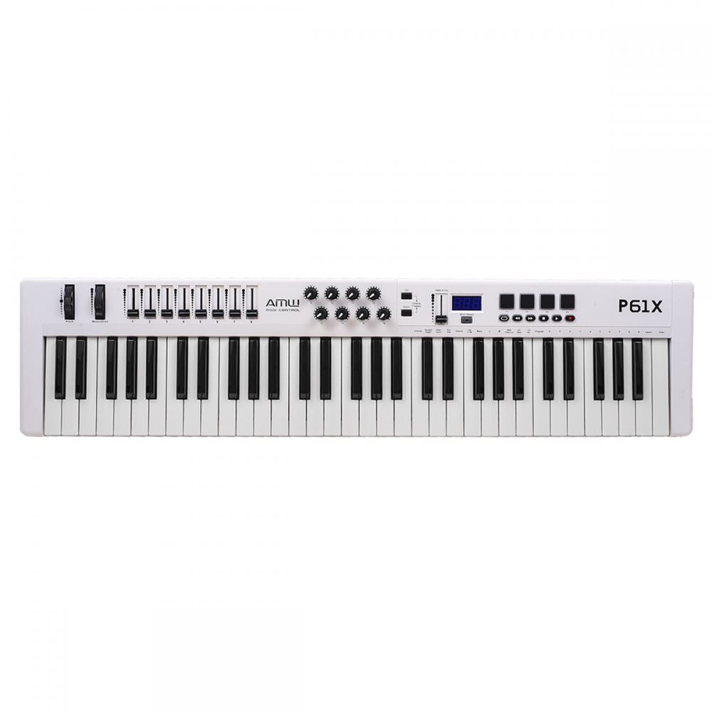 AMW P61X White Teclado Controlador Midi USB com 61 Teclas PADs Faders e Knobs