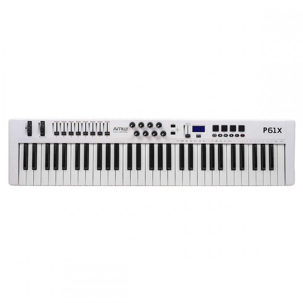 AMW P61X White Teclado Controlador Midi USB com 61 Teclas PADs Faders e Knobs