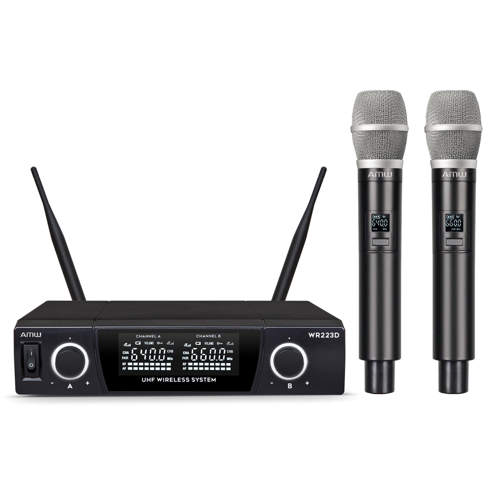 AMW AU120 v2 Microfone sem fio Duplo de Mão Digital UHF Diversity + Estojo