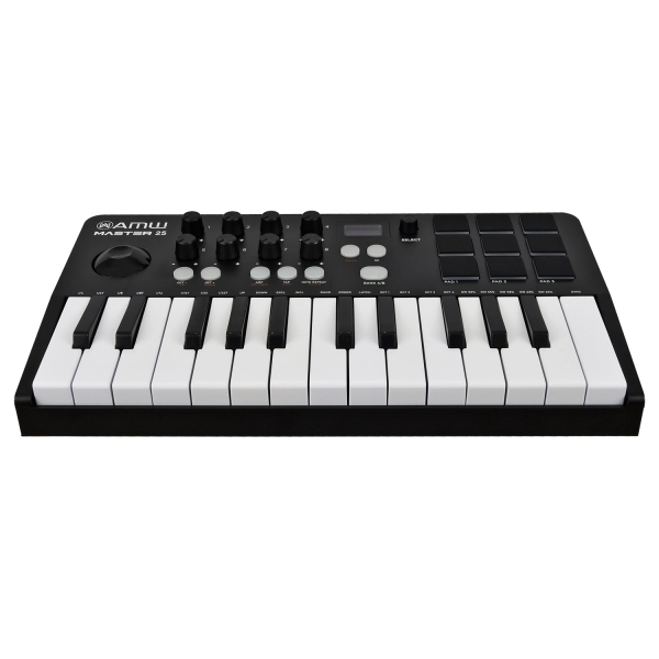 (USADO) AMW Master 25 Black Teclado Controlador Midi 9 PADs 8 Knobs Visor OLED