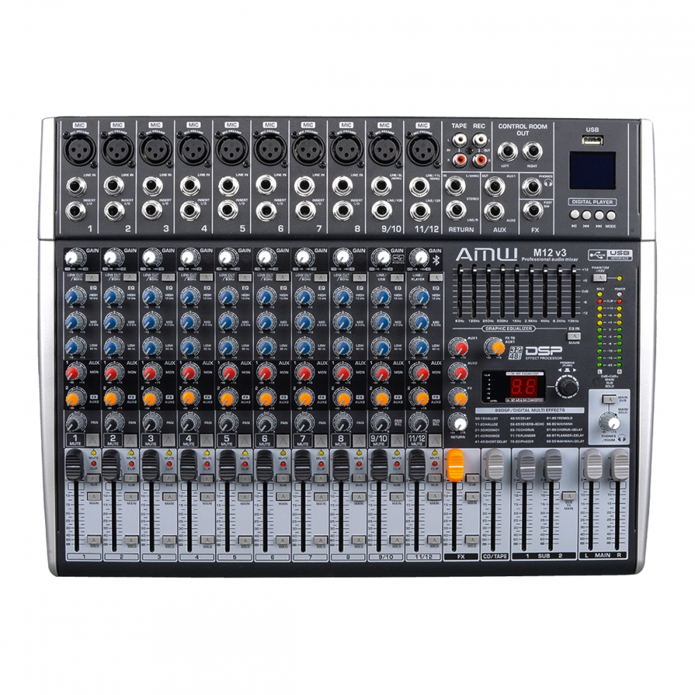 AMW M12 Fx v3 Mesa de Som 12 Canais com EFX Player Sub Out e Interface !