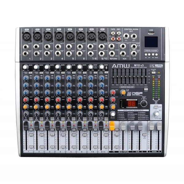 (USADO) AMW M10 Fx v3 Mesa de Som 10 Canais com EFX BT Player Sub Out e Interface!