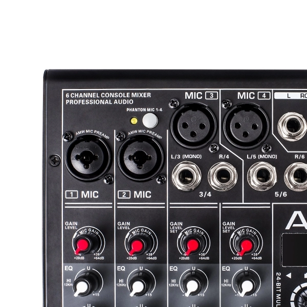 (USADO) AMW MX6 v2 Mesa de Som 6 Canais 4 XLR Bluetooth EFX Bluetooth Interface USB