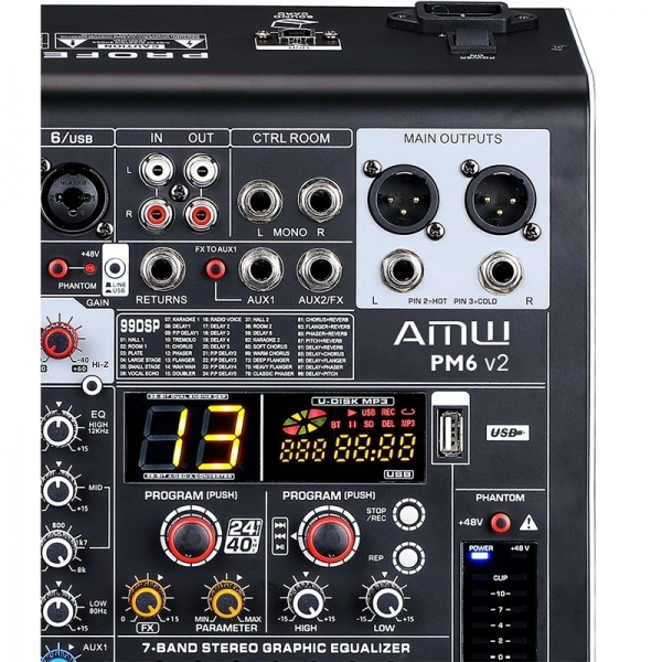Amw Pm6 v2 Fx Mesa De Som 6 Canais 99 Efx DSP Interface USB Eq