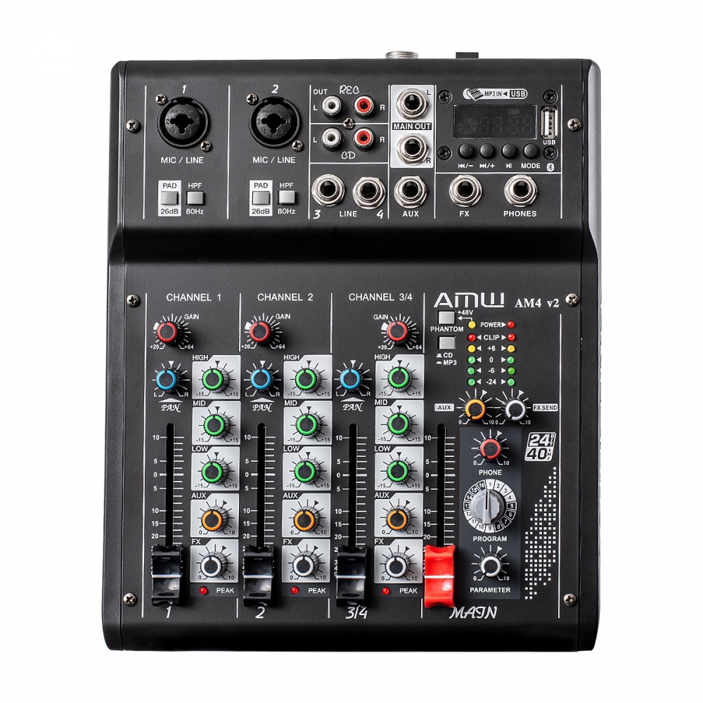 AMW AM4 v2 Mesa de Som 4 Canais 2 XLR Mp3 Efx Bt Interface de áudio USB