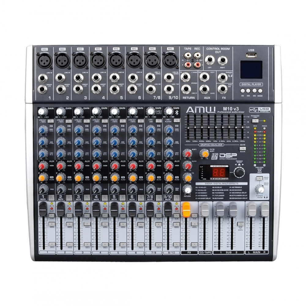 AMW M10 Fx v3 Mesa de Som 10 Canais com EFX Player Sub Out e Interface!