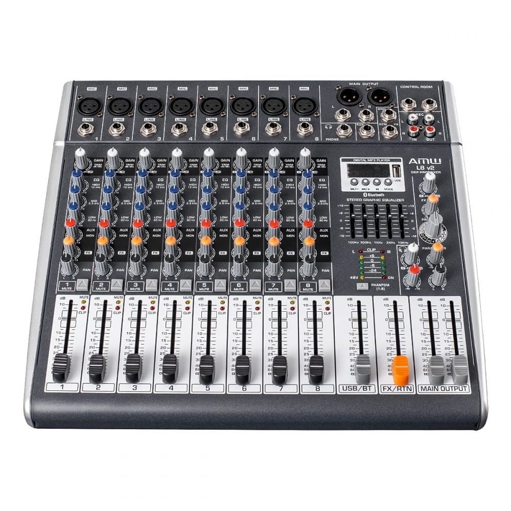 (USADO) AMW L8 V2 Mesa de Som 8 Canais XLR Efx Bt Rec Mp3 Eq